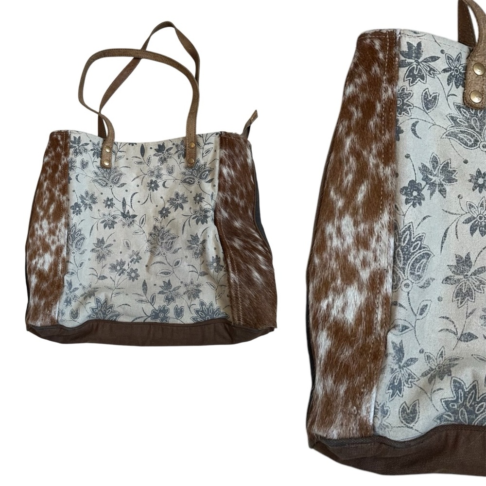 Myra Boho Cowhide & Floral Canvas Zip Shoulder Tote Bag